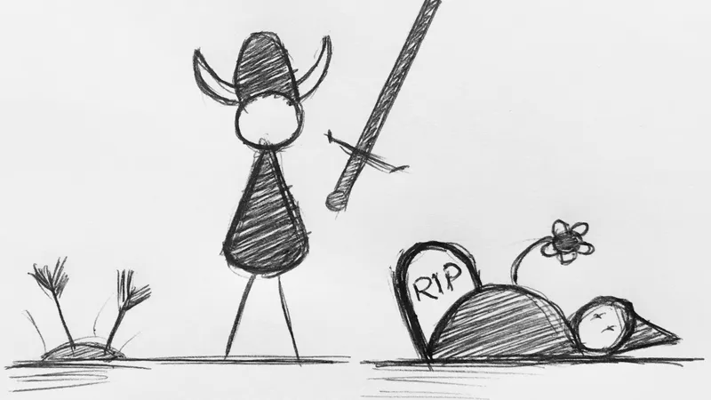 Drawing of a hero looting bandits.